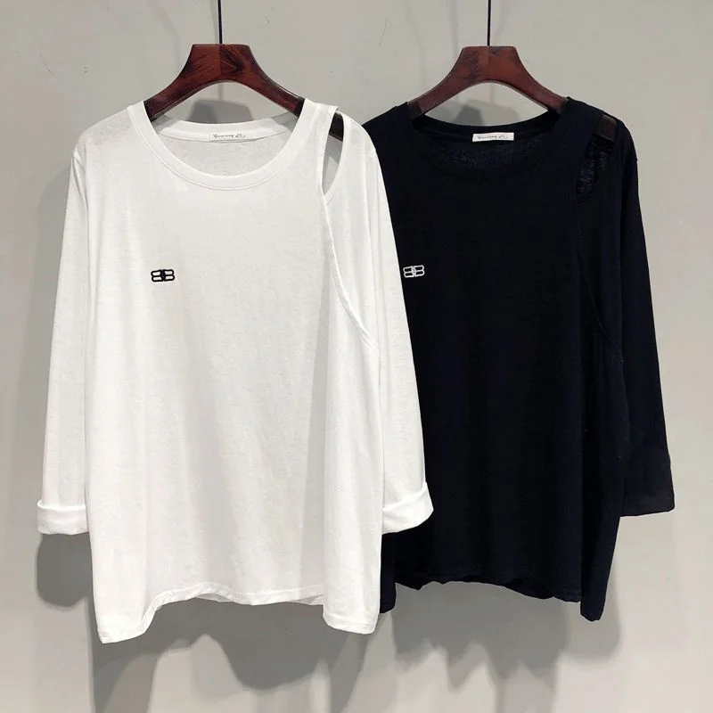 

Женская футболка больших размеров (до 300 фунтов), с открытыми плечами, длинным рукавом, круглым вырезом, средней длины, свободного кроя, в корейском стиле, модная, осенняя.