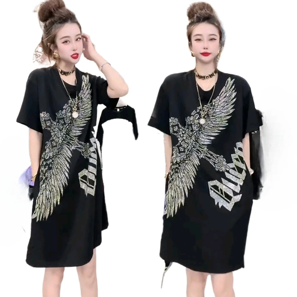 European Goods Heavy Embroidery Hot Drilling Short Sleeve Summer Dress Women Black Cartoon Mid-Length Round Neck T-shirt Dress