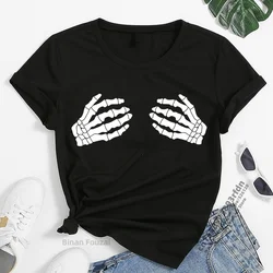 T-shirty z czaszką i nadrukiem na ręce kobiety lato 2023 gotyckie ubrania na co dzień z okrągłym dekoltem koszulki z nadrukami T Shirt Femme Camisetas Mujer