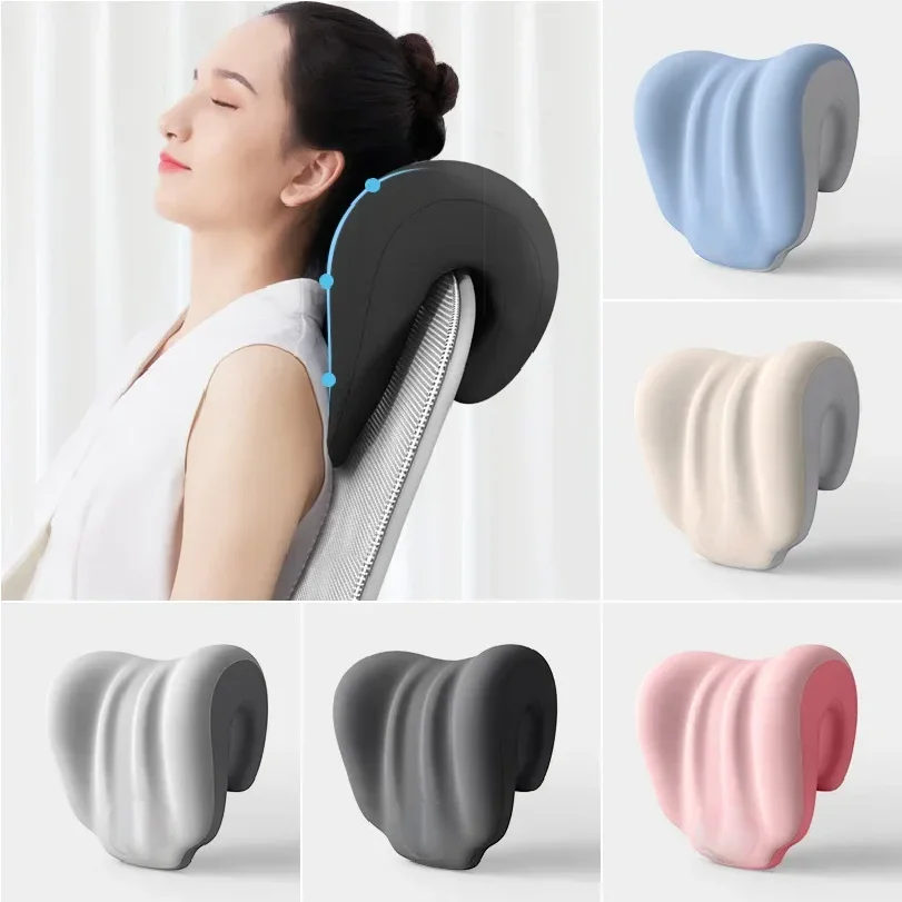 Solvath Ergonomic Office Nap Pillow for Supine & Natural Sleep Portable Light Blue Neck Support Cushion with Adjustable Strap
