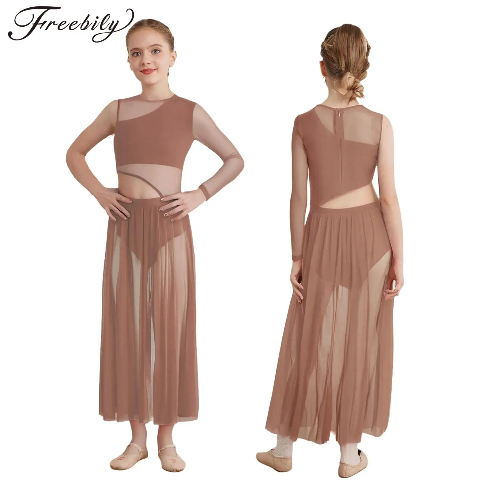 Kids Girls Modern Lyrical Dance Dress Long Sleeve Cutout Sheer Mesh Split Leotard Dresses Figure Skating Gymnastics Dancewear
