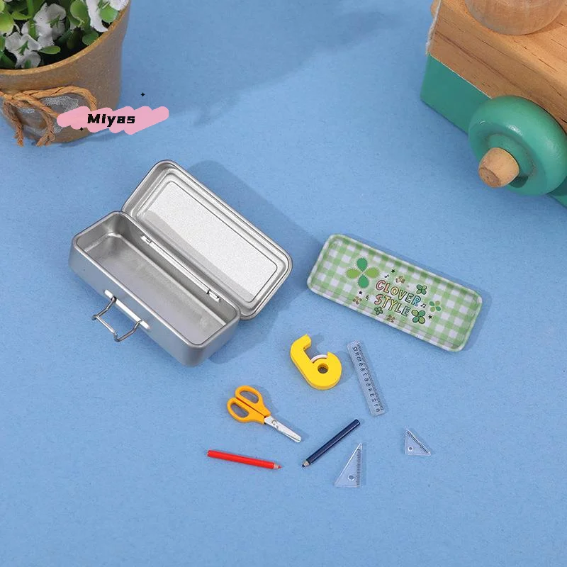 1 set di scatole per matite in miniatura per casa delle bambole, modello di righello di cancelleria, simulazione, studio scolastico, decorazioni, accessori giocattolo per bambini