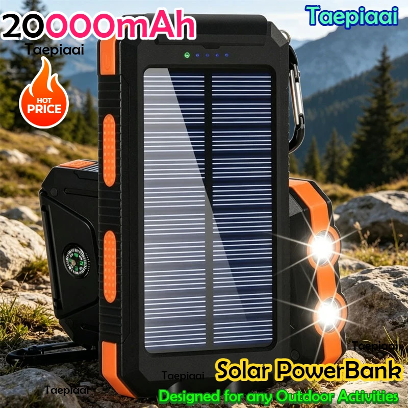 

Solar Power Bank 20000mAh Portable Charging Poverbank External Battery Charger Strong Light LDE Light for All Smartphones