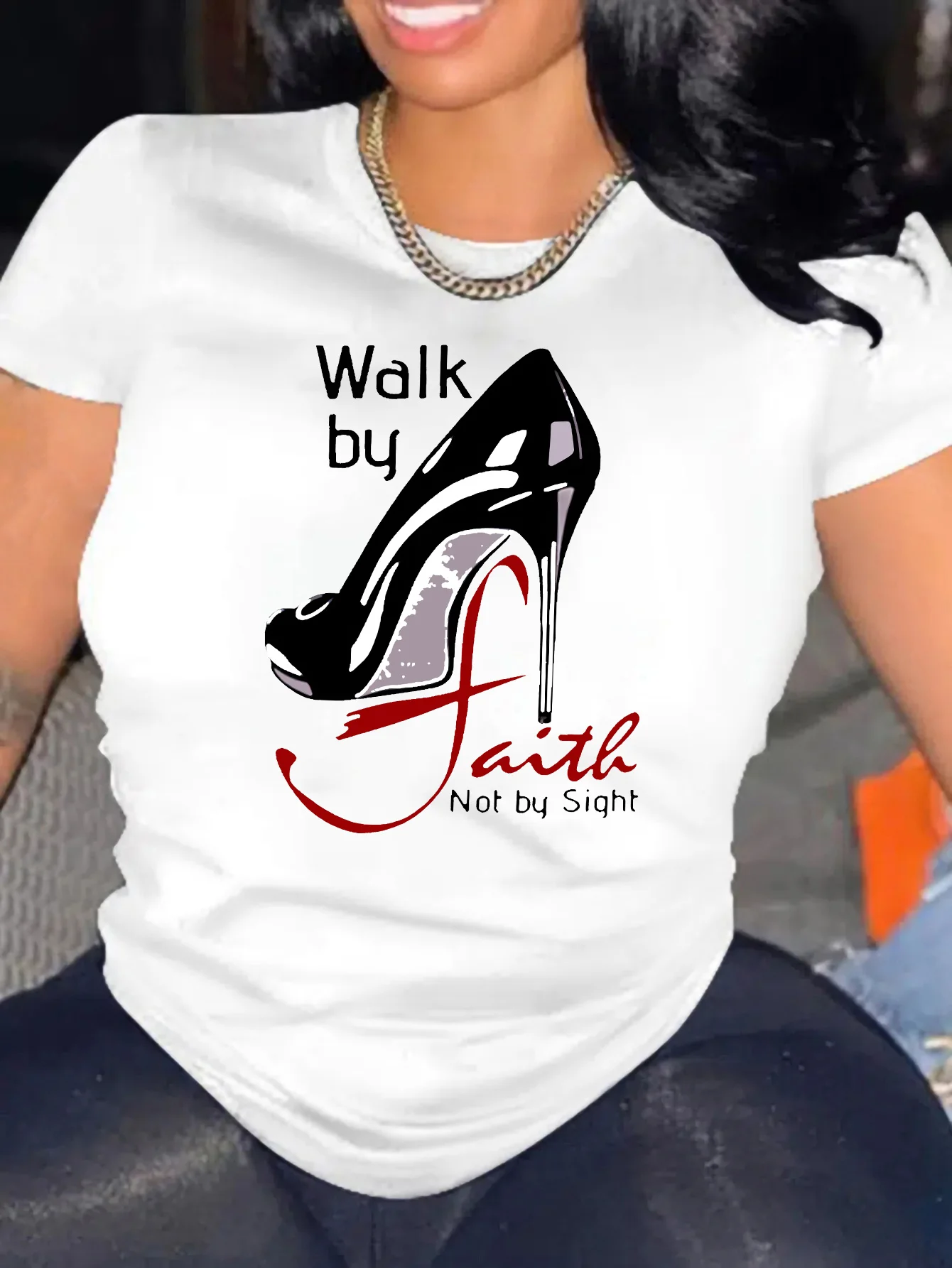 

Walk By Faith Print Graphic T-Shirt, Solid Short Sleeve Crew Neck Casual Top For All Season, Women's Clothing