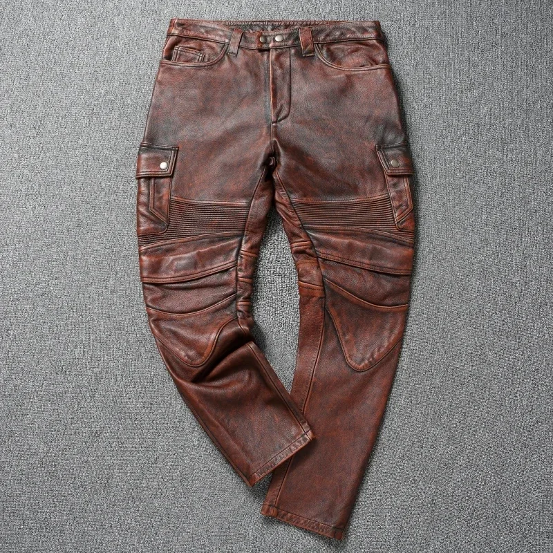 Vintage Red Brown Genuine Cowhide Motorcycle Leather Pant Men Thick Leather Trousers Man Moto Biker Slim Pants with Protectors