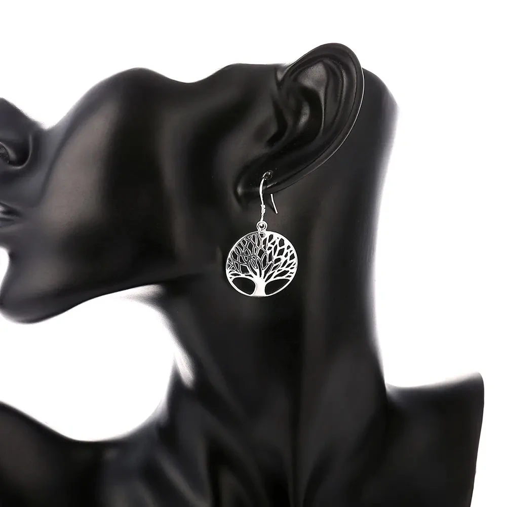 Women's 925 Sterling Silver Hollow Carved Round Tree Earrings
