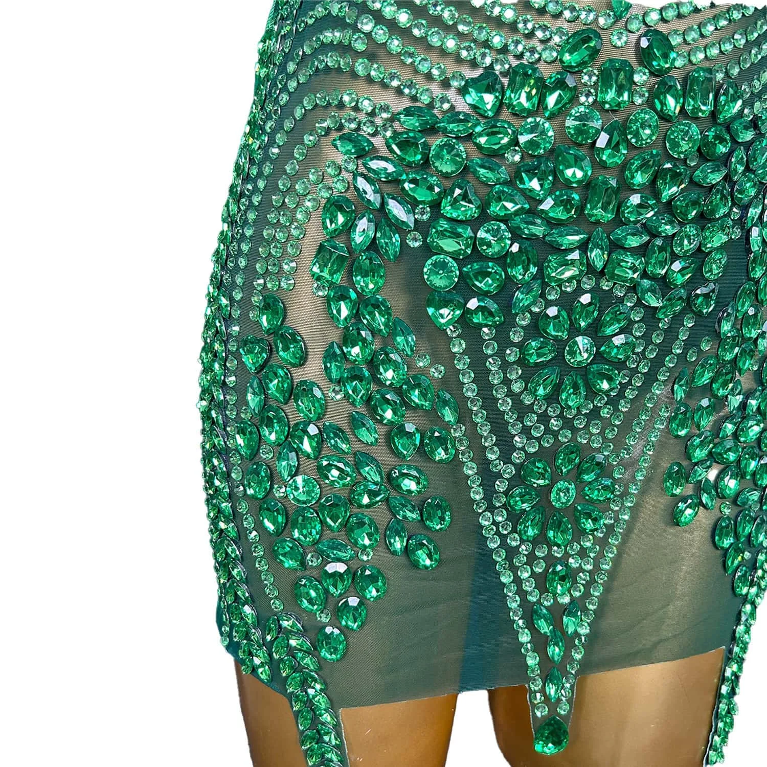 Meilv-vestido de noche con espalda descubierta para mujer, traje de fiesta de cumpleaños con diamantes de imitación verdes transparentes, ropa de escenario corta para cantante