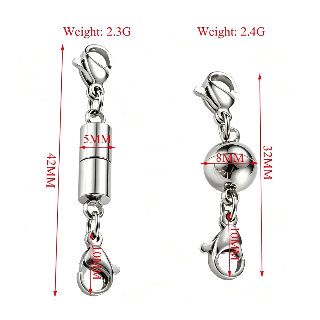 10Pcs Stainless Steel Cylinder Ball Magnetic Clasp With Double Lobster Clasps Connector For Bracelet Necklace DIY Jewelry Making
