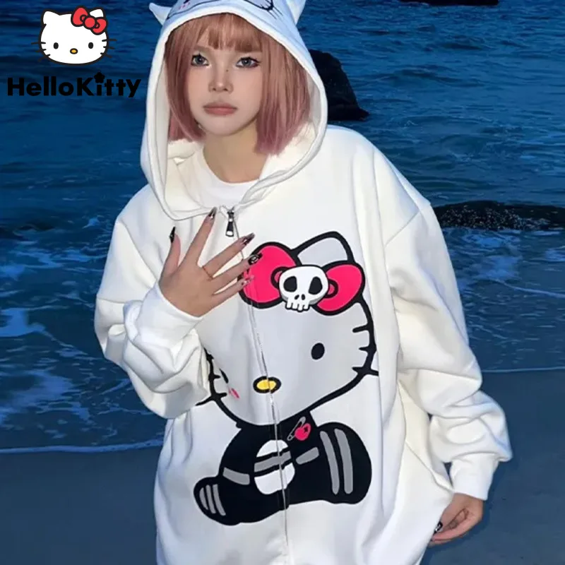 Sanrio Gothic Hello Kitty Women Hoodies American Halloween Skull Printed Hot Sweet Girls Cardigan Loose Design Sense Sweatshirt