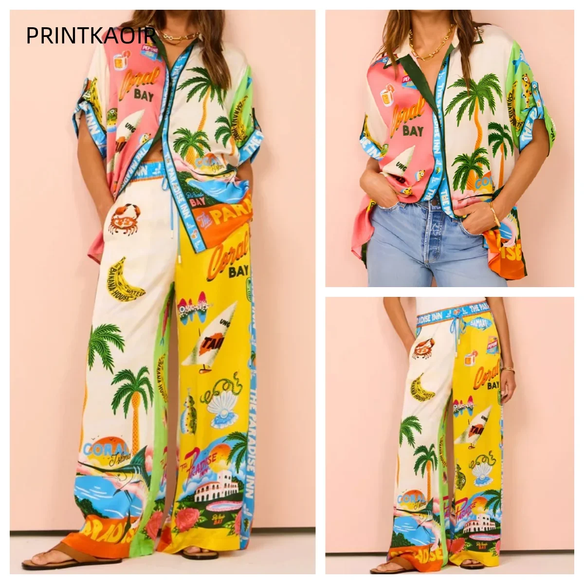 Women Clothing Summer New Fashion Print Elastic Waist Pocket Wide Leg Pants Casual Button Up Shirt Long Pants Set For Women