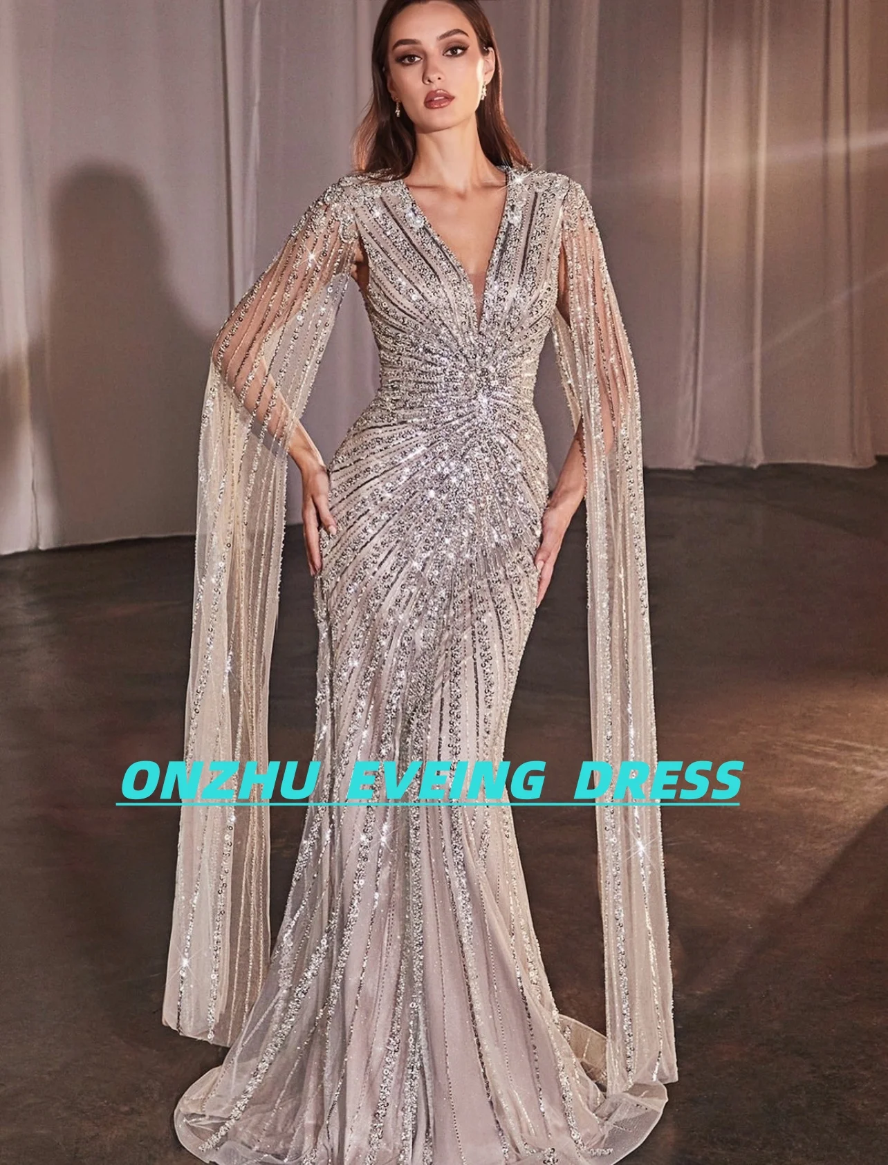 فساتين سهرة نسائية فاخرة مخصصة برقبة على شكل حرف V بدون أكمام وخرز حورية البحر للمناسبات الخاصة