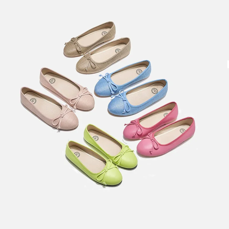 Ballet plano para niñas, arpillera azul, dorado y plateado, cuero clásico, nuevo diseño con lazo, zapatos informales para niñas, primavera y verano