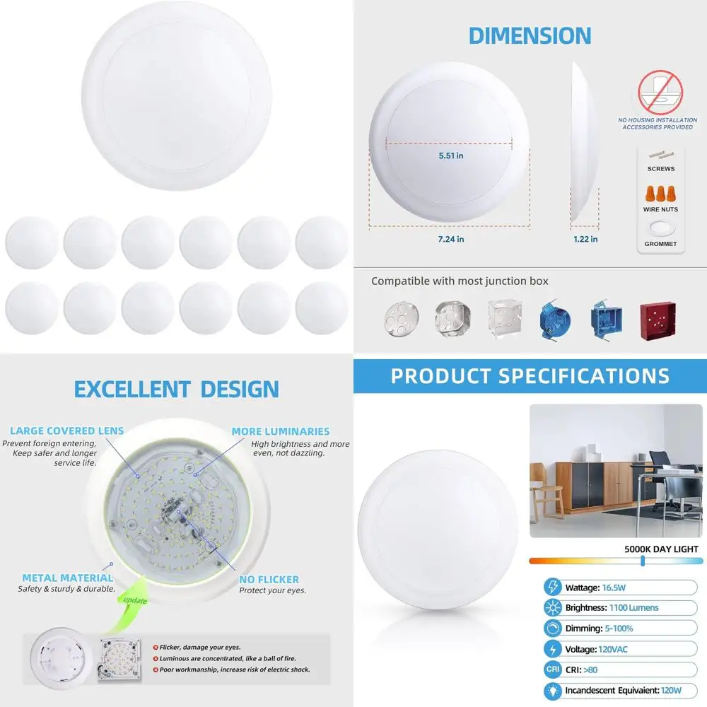 

6 диммируемых светодиодных дисковых светильников, 16,5 Вт, 1100 лм, 5000K, дневной свет, для поверхностного/встраиваемого потолочного монтажа, комплект из 12 штук