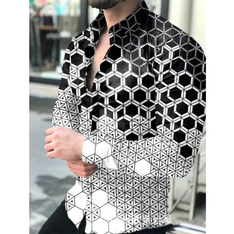 Camisa masculina de manga comprida, blusa casual, padrão geométrico 3D, roupa de lapela, primavera, outono, moda