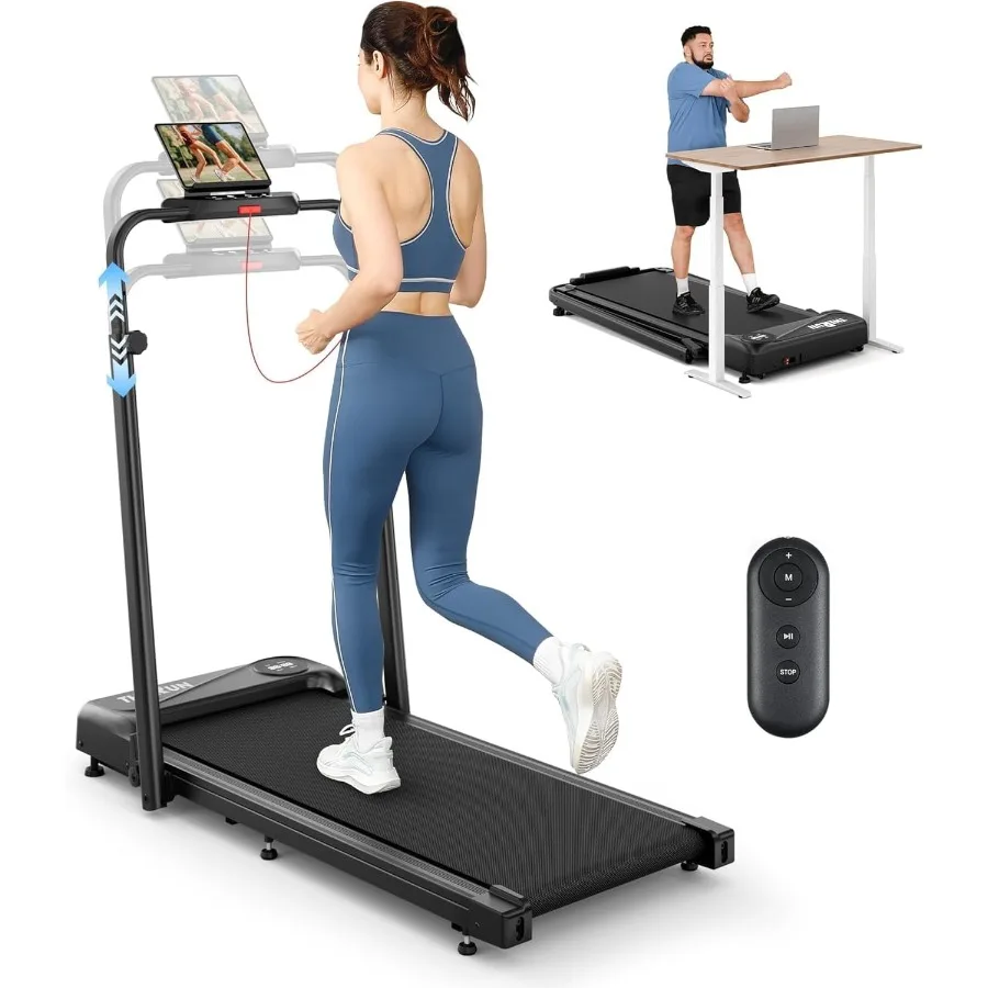 Walking Pad with Handle Bar, 2 in 1 Under Desk Portable Treadmill for Home Office Use, Foldable Steel Frame, Black, Quiet Motor