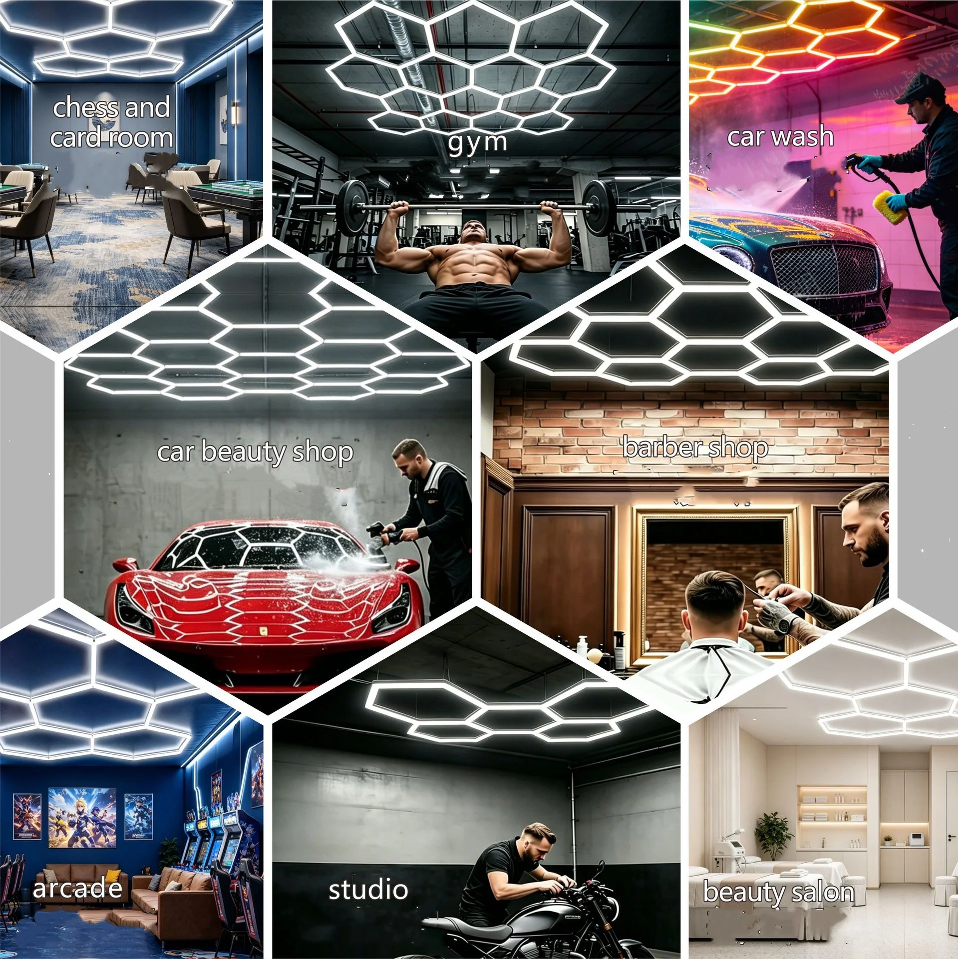 Hexagon LED Garage Light 6500K Honeycomb Ceiling Tube, 220V Modular Lighting for Car Detailing Shop, Car Body Repair Workshop, Barbershop & Gym