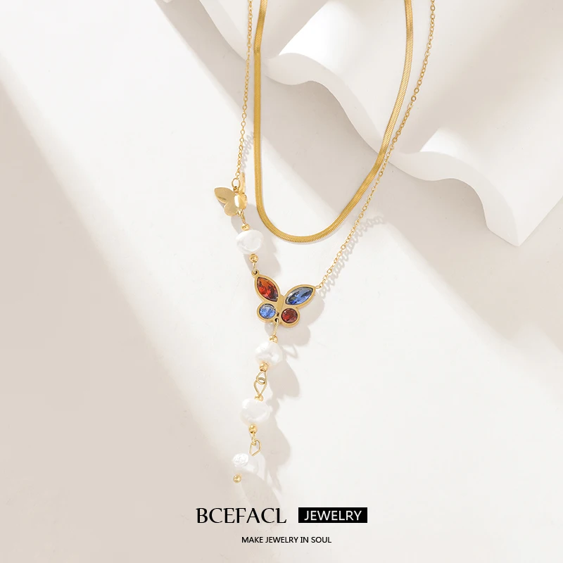 BCEFACL 316L Stainless Steel Colorful Zircon Butterfly Pendant Necklace For Women Girl New Trend Neck Chain Jewelry Gift Collar