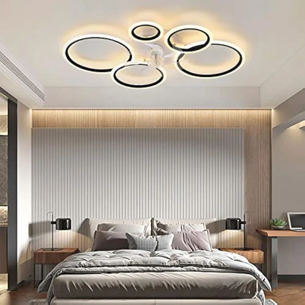Black Round Ceiling Fan Modern Silent Ceiling Fans with Lights and Remote 6 Speed Wind Silent for Bedroom Living Room 100cm