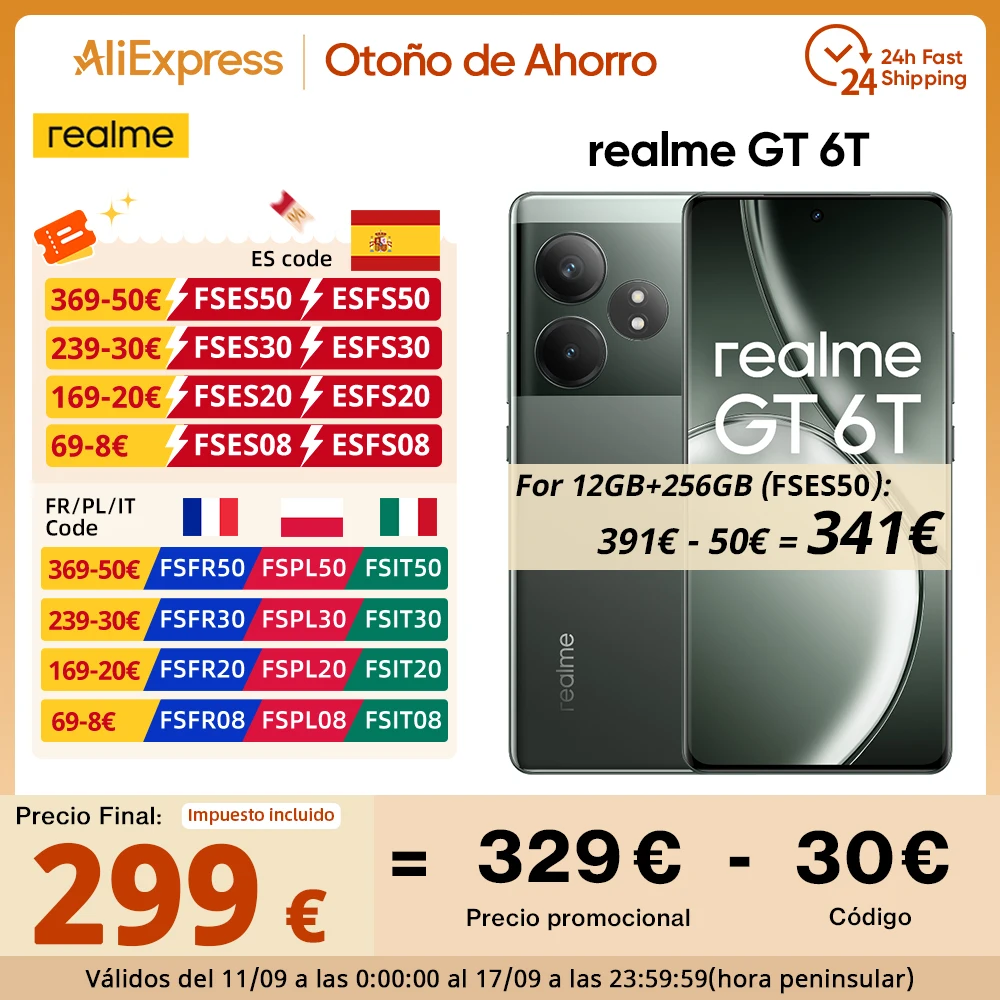 Versión Global realme GT 6T 5G Smartphone 6000nit Hyper Display 120W SUPERVOOC Charge Snapdragon 7+ Gen 3 5500mAh Batería 50MP Cámara Principal