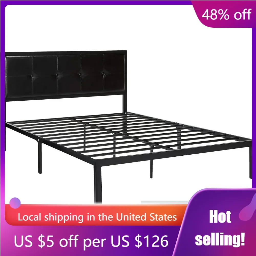 

Faux Leather Classic Platform Bed Frame With Steel Support Slats Double Bed Base Queen Bedframe Bedroom Set Furniture Queen King