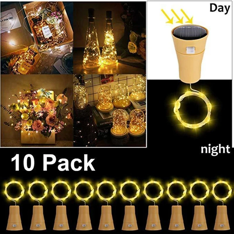 Guirxiété lumineuse solaire pour bouteille de vin, fil de cuivre, lumières dégradées, forme de liège, fête de mariage, jardin, lampe de décoration de Noël, 10 pièces, 2m, 20