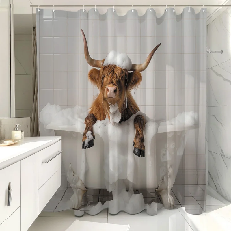 1pc Yak In The Bathtub Print Shower Curtain With 12 Hooks, For Bathroom Decor And Windows, 180.34x180.34cm Room Decor, Home Deco