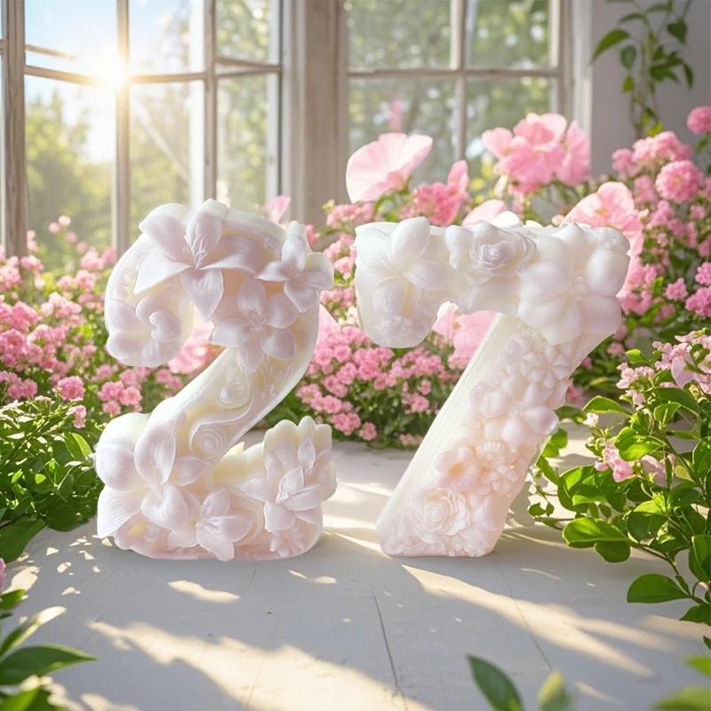 DIY Digital Shape 2 3 7 9 Silicone Candle Mold Lily Peony Rose Flower Number Plaster Molds Arabic Number Resin Decoration Mould