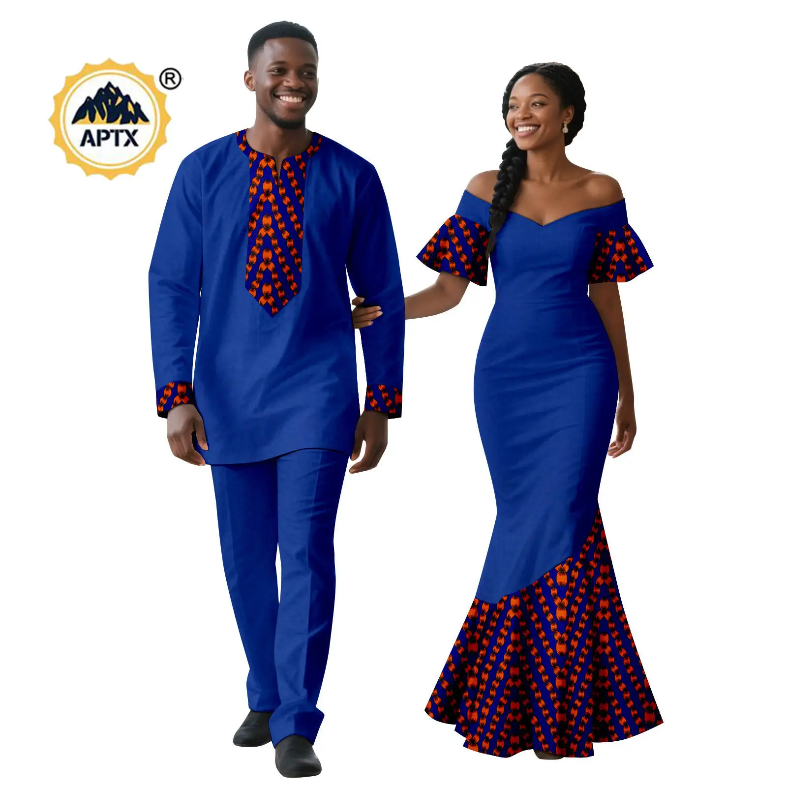 Robes sirène imprimées africaines Sexy pour femmes, tenues de Couple assorties, vêtements africains Dashiki pour hommes, ensembles haut et pantalon 25C070