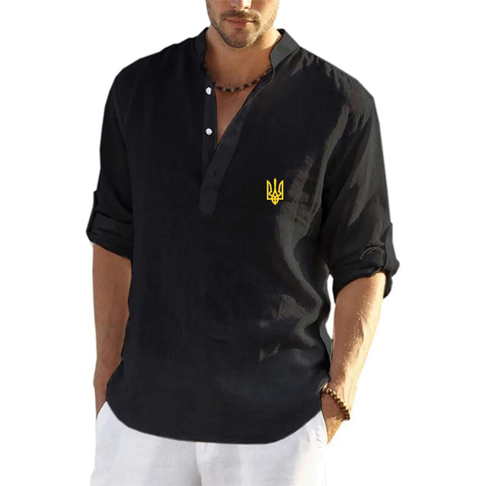 Ukraine Logo Print 2025 Linen Shirt Stand-up Collar Button-down Men's Loose Casual Breathable V-neck Long-sleeved Top
