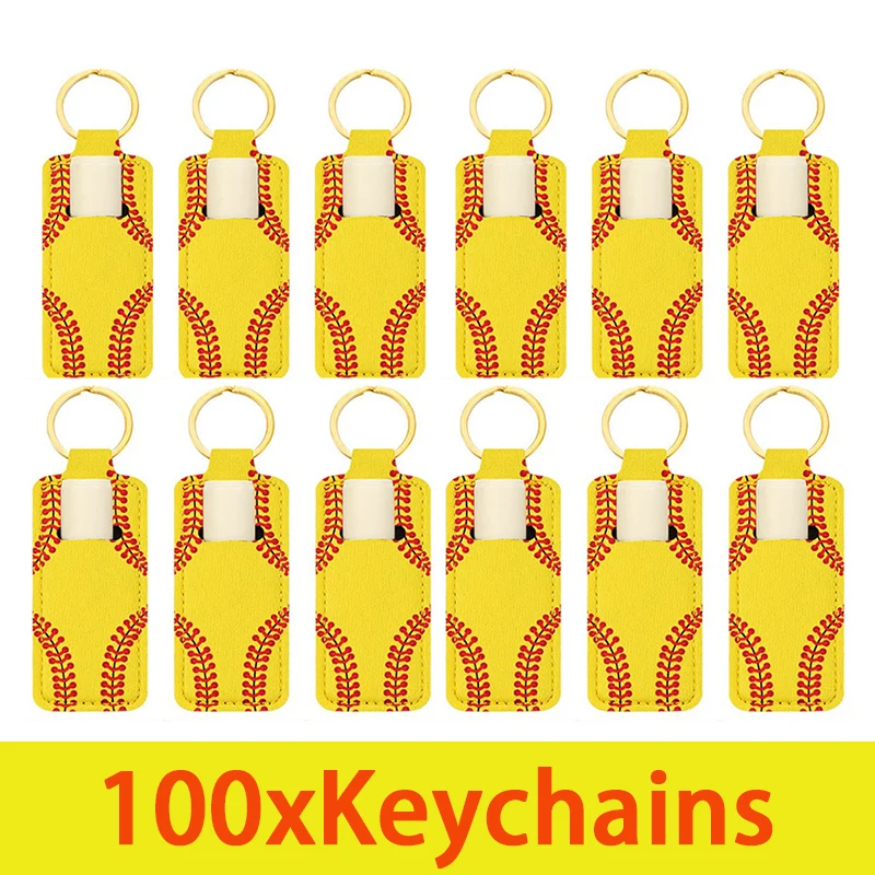 

100pcs Yellow Baseball Keychain Sleeve Key Ring Softball Lip Balm Sleeve Lipstick Bag Keyring