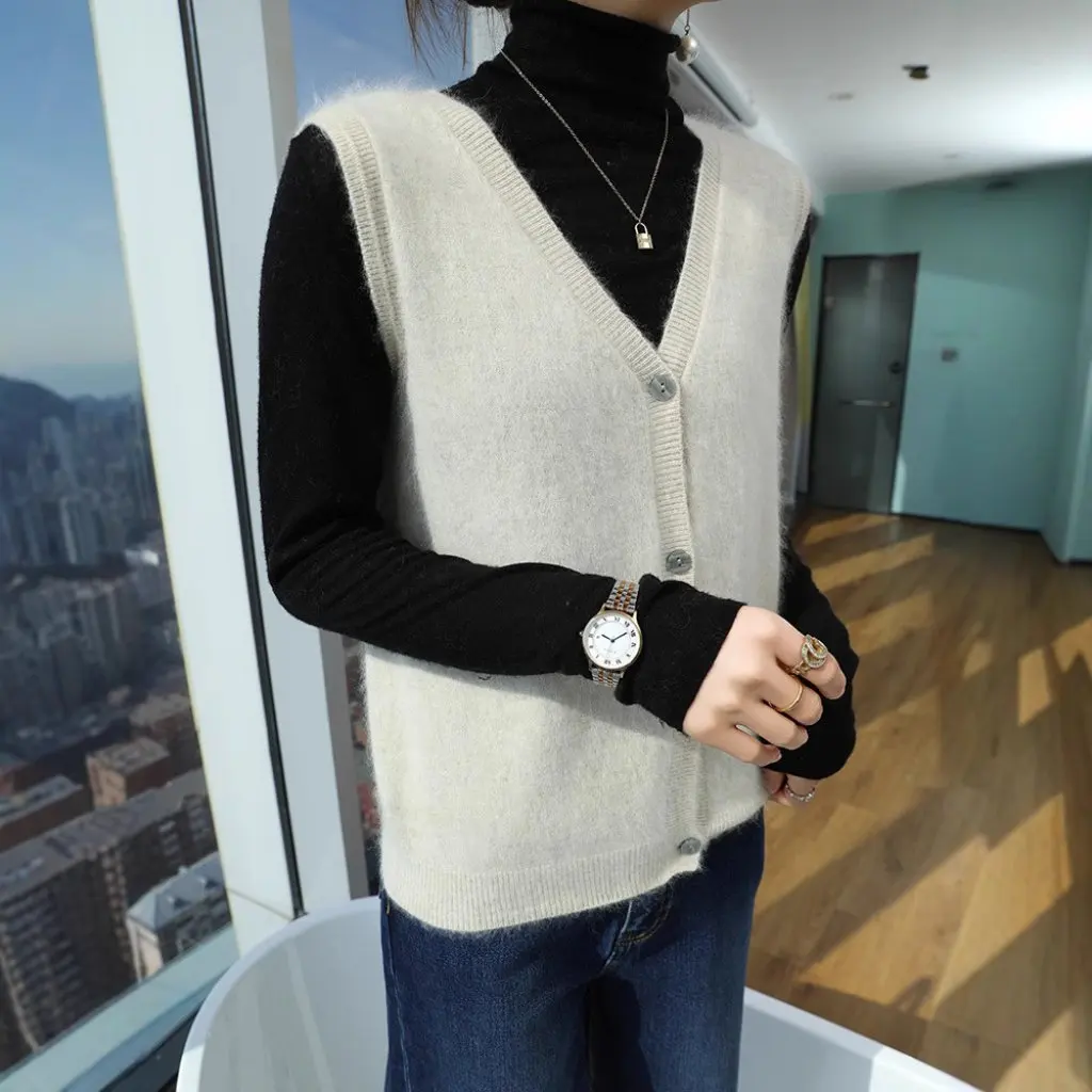 

New Sleeveless Cardigan Vest V Neck Mink Velvet Sweater Outer Fleece Knitted Fashion Simple Wholesale Women's Top