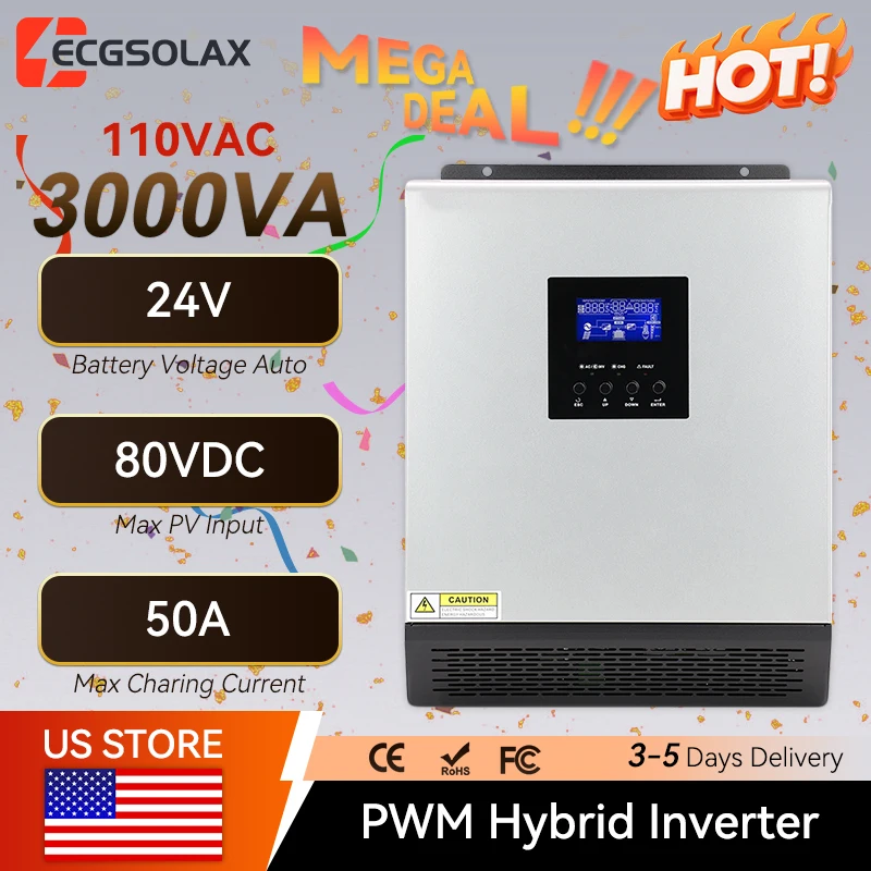 ECGSOLAX 3000VA 110V Hybrid Solar Inverter 24V 120V 2400W With PWM 50A Charging Controller Off-grid Solar Inverter Max PV 80VDC