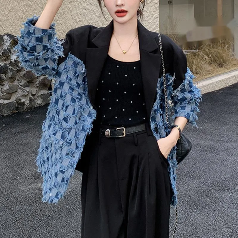 ANJY Autumn New Women High Street Elegant Stylish Plaid Denim Patchwork Coat Contrast Color Single Breasted Fashion Blazer A8424