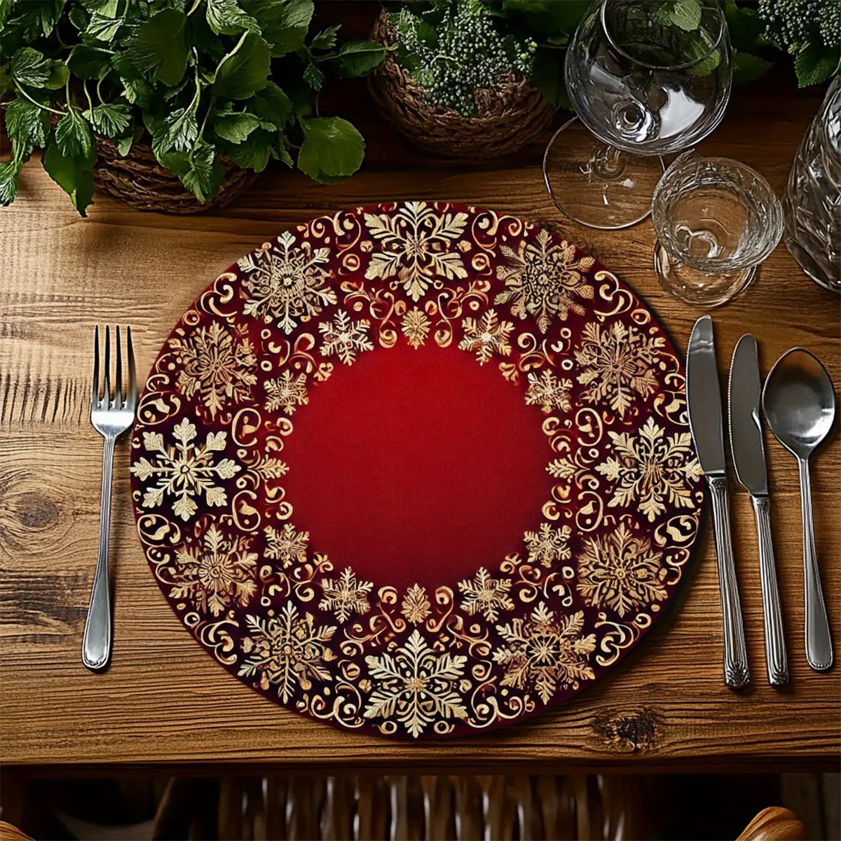 

VIKAMA 4-Piece Burgundy Gold Snowflake Placemats Family Gatherings, Holiday Parties Restaurant Table Decor & Accessories