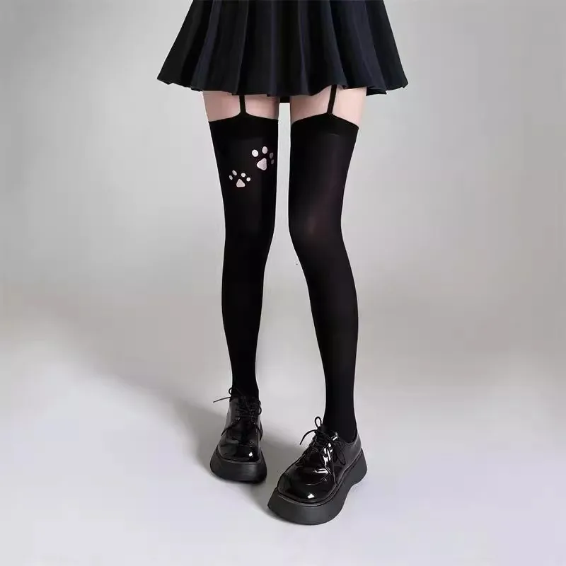 Anime facial expression suspender high barrel white silk color text cute printing subculture knee thigh socks