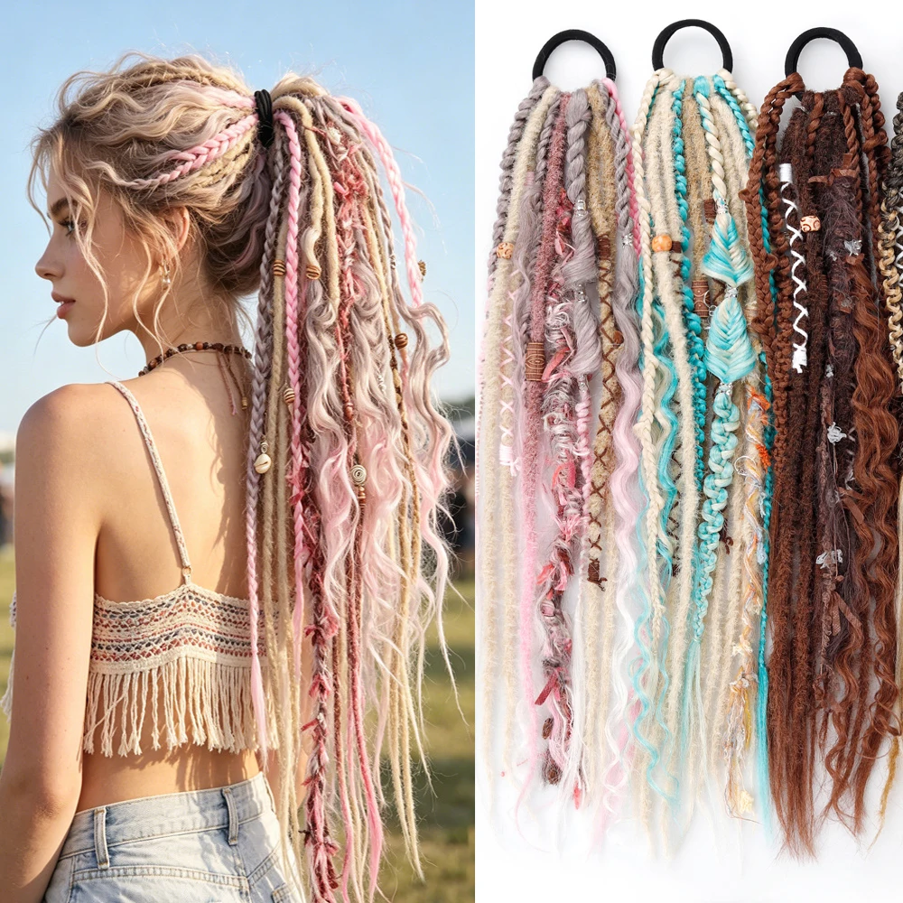 22 Inch Dreadlocks Ponytail Hair Extensions Synthetic Fibers Boho Braided Hairpieces With Beads Festival Cosplay Easy Wear