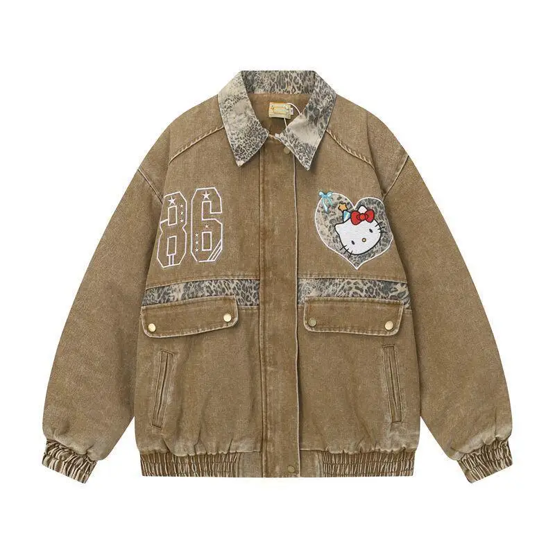 

Джинсовая куртка Sanrio Hello Kitty, осенняя новинка, модная толстовка для девочек, свободное пальто, уличный стиль, парный образ, подарок