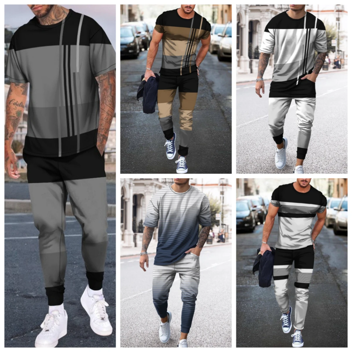 

2025 Новая мужская летняя дышащая и удобная футболка с круглым вырезом и брюки с принтом в полоску, комплект уличной повседневной одежды