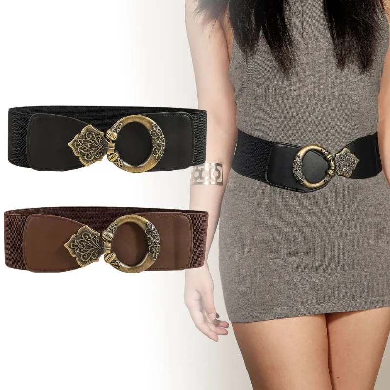 Stylish Vintage-Style Belt with Carved Double Buckles: Unique Wide Elastic Waistband for Women, Perfect for Dress Accessories