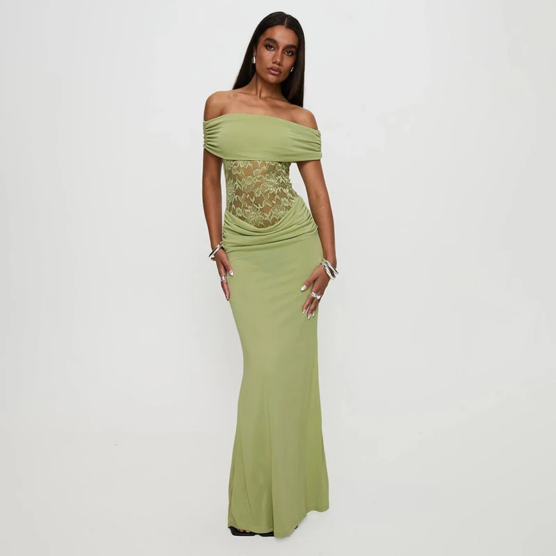 

CUTENOVA 2025 Women'S Summer New Off-Shoulder Solid Color Patchwork Lace Slim Thin Package Hip Long Dress Sexy Elegant Dresses