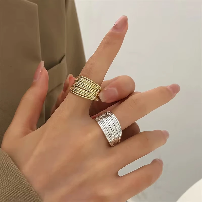 FTCY Geometric Lines Open Ring for Women Vintage Hip Hop Punk Gold Color Tassel Multi-layer Rings Women's Jewelry Party Gifts