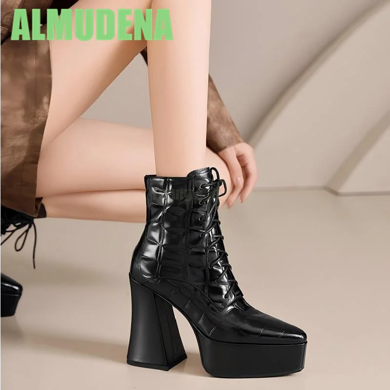 

Checkered Lace Up Mid Top Boots Fashionable Temperament Side Zipper Thick Heel Pointed Waterproof Platform High Heels ShortBoots