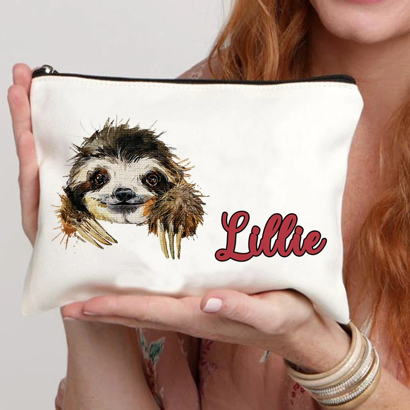 

Холщовая косметичка Ленивец с именем на заказ, органайзер с милыми животными, дорожная сумка на молнии для хранения, персонализированный подарок для ленивецов