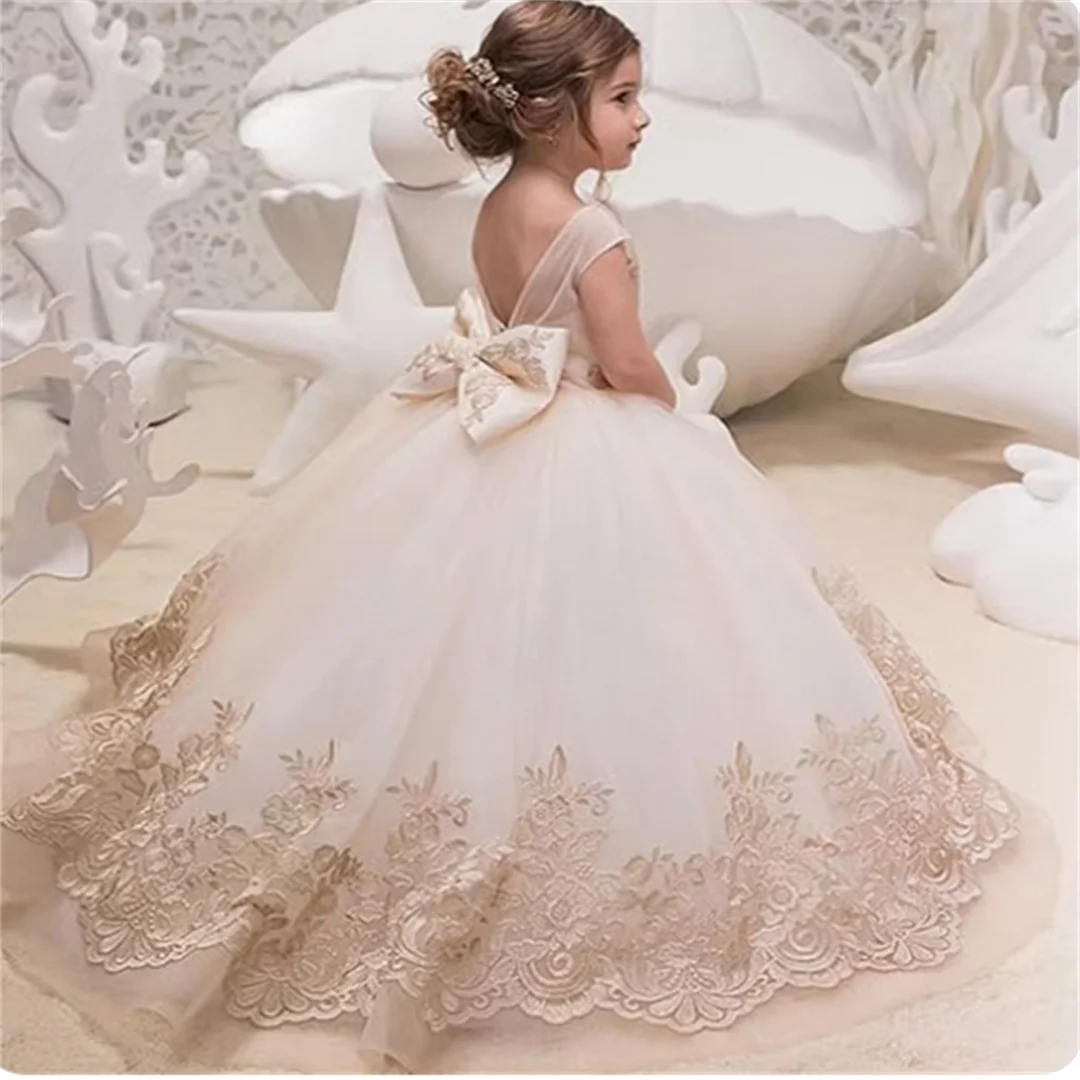 Vestidos de flores para niñas, vestido de tul de princesa para desfile de bodas, vestido de baile con lazo, vestido de primera comunión