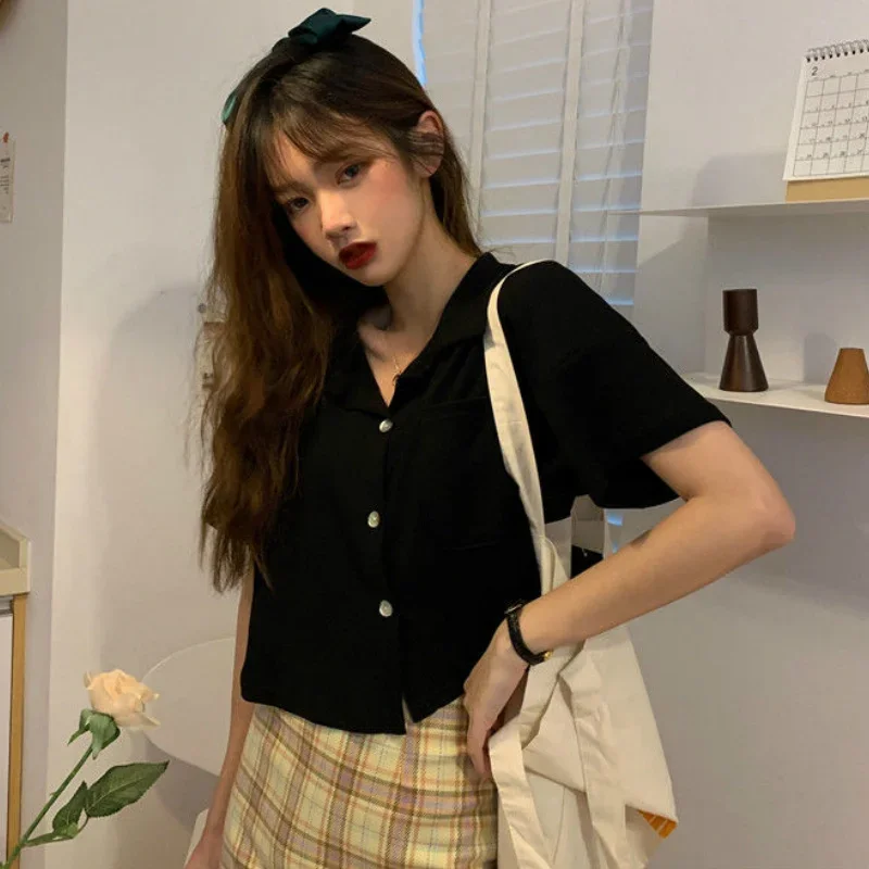 Shirts Women Pocket Solid Short Sleeve Casual Sweet Simple Summer Crop Tops Womens Koreans Style Designed Chic Streetwear Trendy