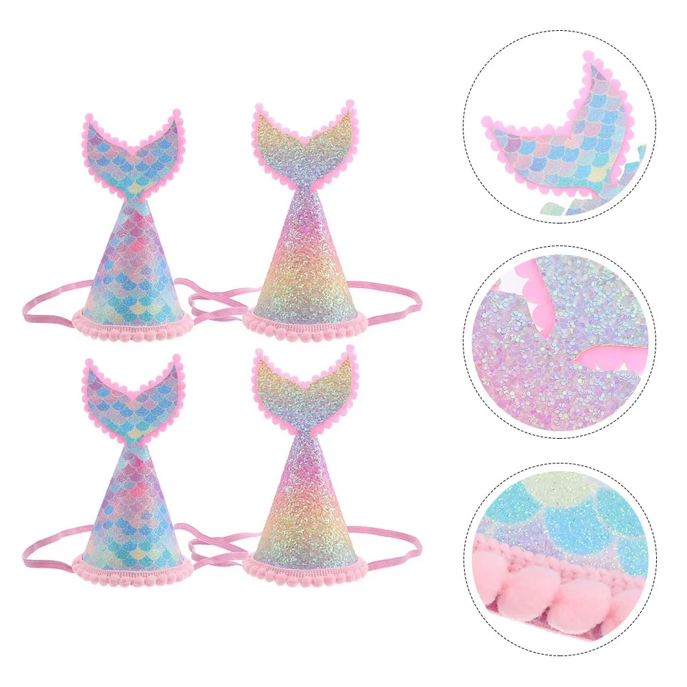 

4pcs Mermaid Birthday Hat Shiny Sequins Elastic Band Cones Photo Props Kids Party Hats Unique Fashion Accessories