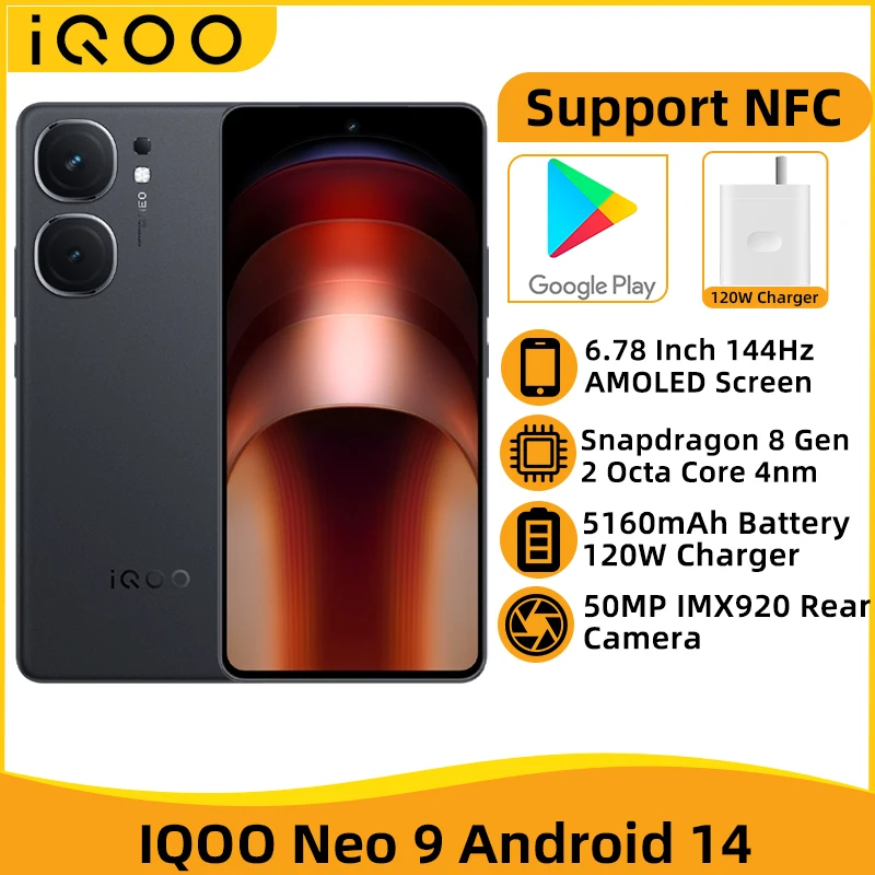 Смартфон IQOO Neo 9, 6,78 дюйма, 144 Гц, AMOLED экран, Snapdragon 8 Gen 2, аккумулятор 5160 мАч, зарядное устройство 120 Вт, камера 50 МП, телефон Android 14