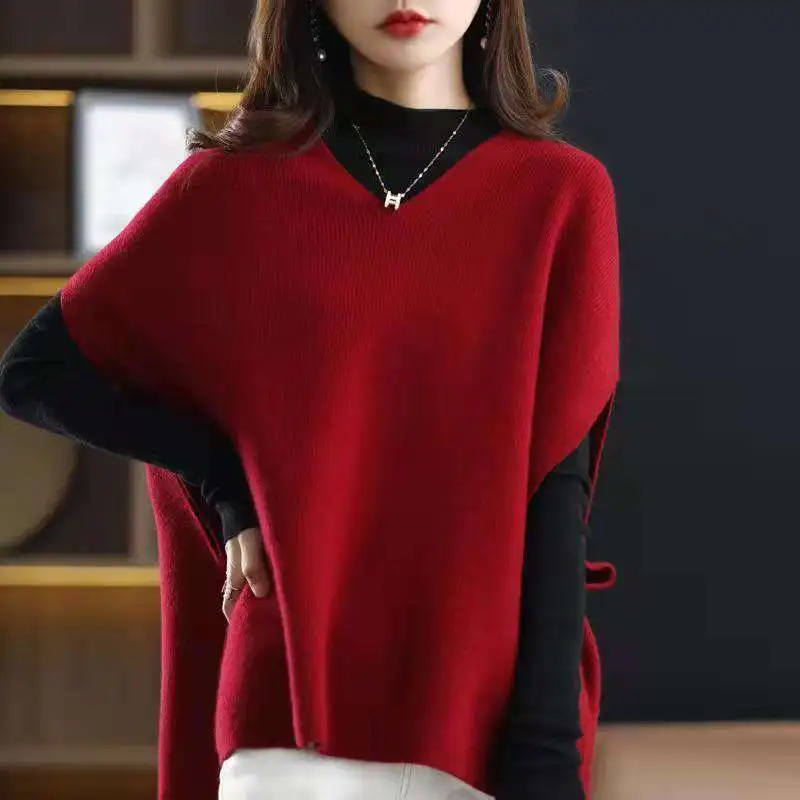 2025 Autumn and Winter New Loose Bat Sleeve Top Sweater Vest V-neck Knitted Vest
