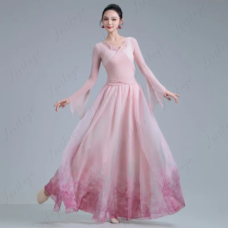 Antique Style Classical Dance Costume for Women Elegant Body Rhyme Gauze Dress with Gradual Change Butterfly Motifs National Sty