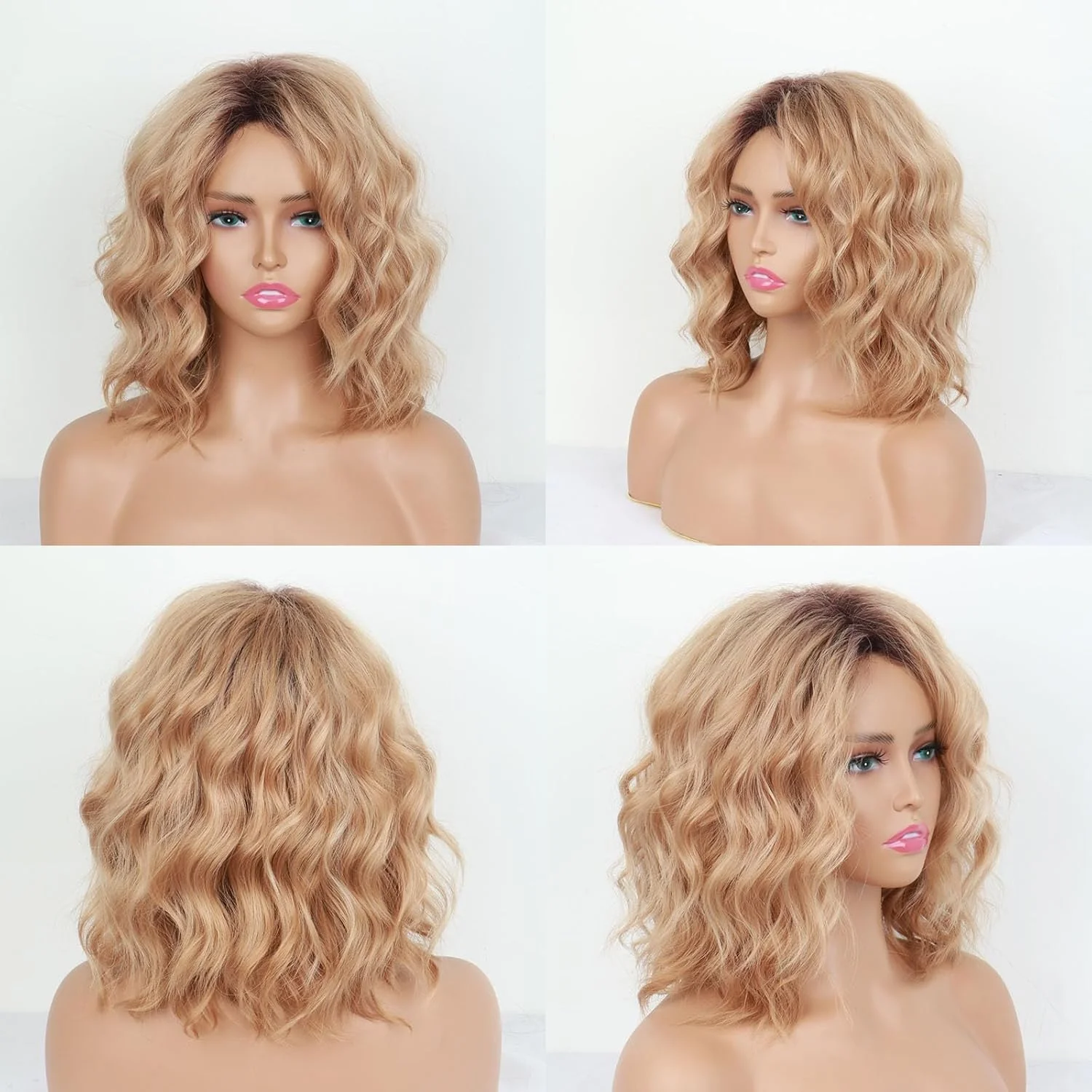 Short layered blonde bob wig medium long golden curly wig for white women synthetic appearance daily party wig